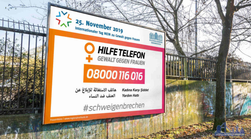 Auf Großflächenplakaten weist das Frauenbüro des Regionalverbands Saarbrücken auf das Hilfetelefon „Gewalt gegen Frauen“ hin, Grafik: Hilfetelefon u. Regionalverband Saarbrücken