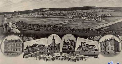 Eine Postkarte von 1893 zeigt neben einem Blick auf Völklingen das Postamt, den damals neuen Bahnhof, die Kirche St. Eligius, die Martinskirche, das Lazarett sowie das Gemeindehaus.