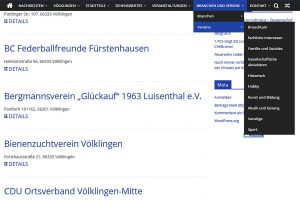Vereinsverzeichnis: Natürlich ist dies nur die Übersicht, per Klick auf den Vereinsnahmen gibt es weitere Informationen.
